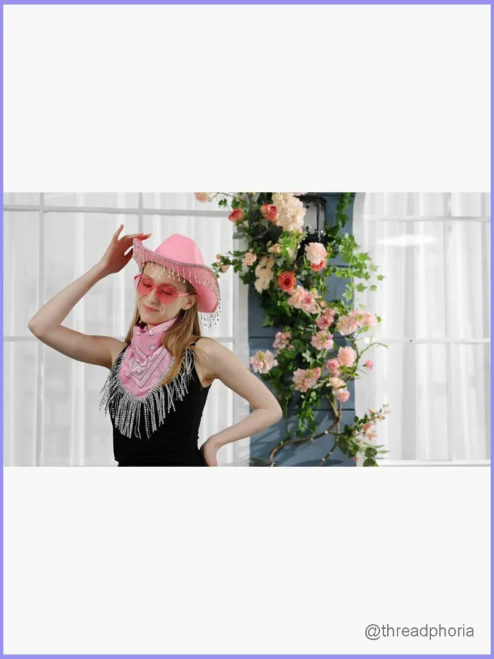 3-Piece Rhinestone Cowgirl Hat Set with Fringe Bandana and Heart Sunglasses